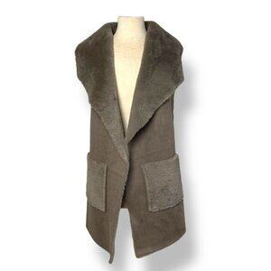 NWT Love Token Faux Suede Shearling Vest Taupe Mushroom Pockets Knit Back Sz XS